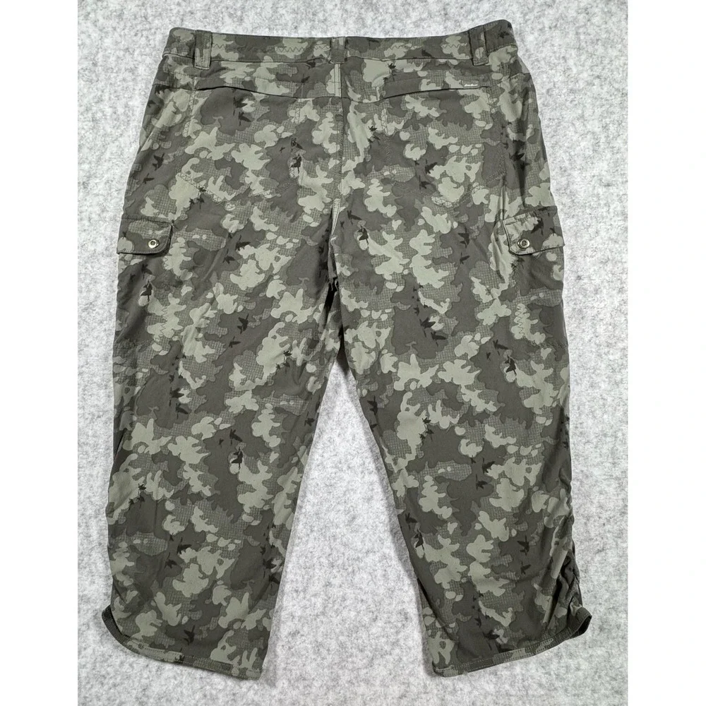 Eddie Bauer Travex Pants Womens 14 Green Camo Capri Stretch Ruched Lightweight